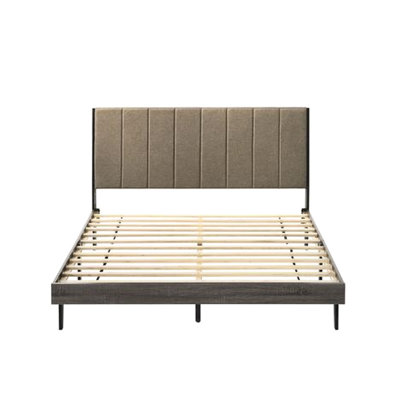 Lit brun en tissu brun et grand lit au fini gris patiné, revêtement en tissu d'ameublement, structure à profil bas, 12 lattes incluses, aucun sommier requis, matelas de 8 po recommandé, panneau de particules en bois d'hévéa