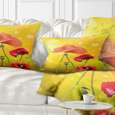 Coussin décoratif à fleurs rouges sur fond jaune