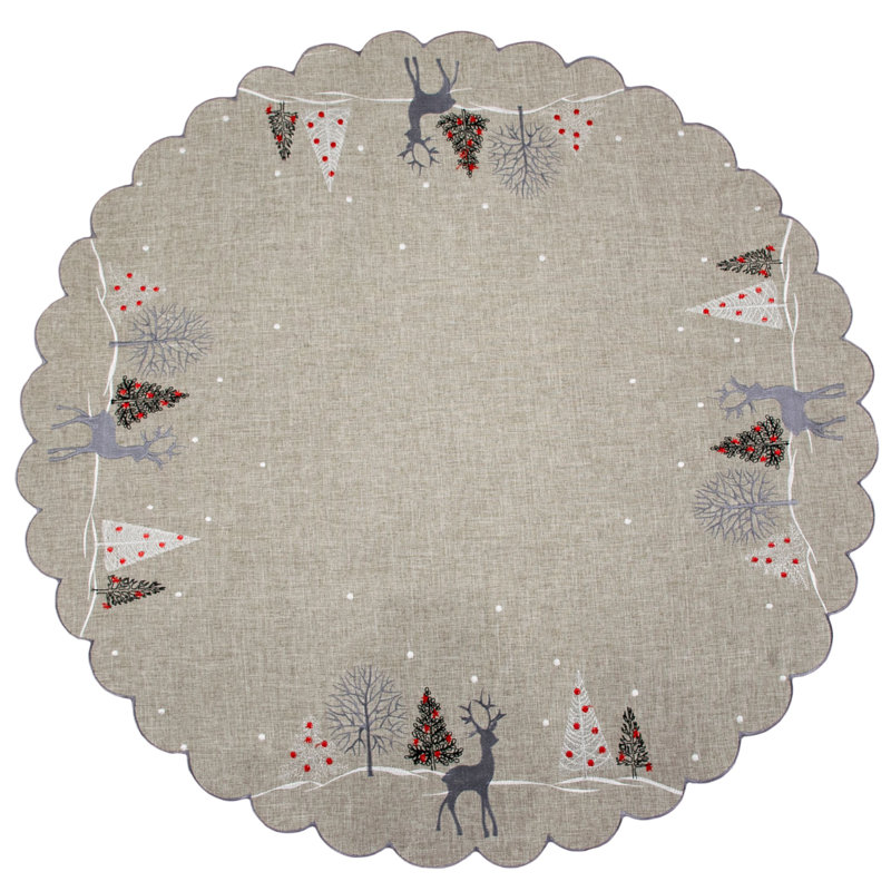 Plateau de table gris à motif de renne brodé Jovonny, Rond 33 po