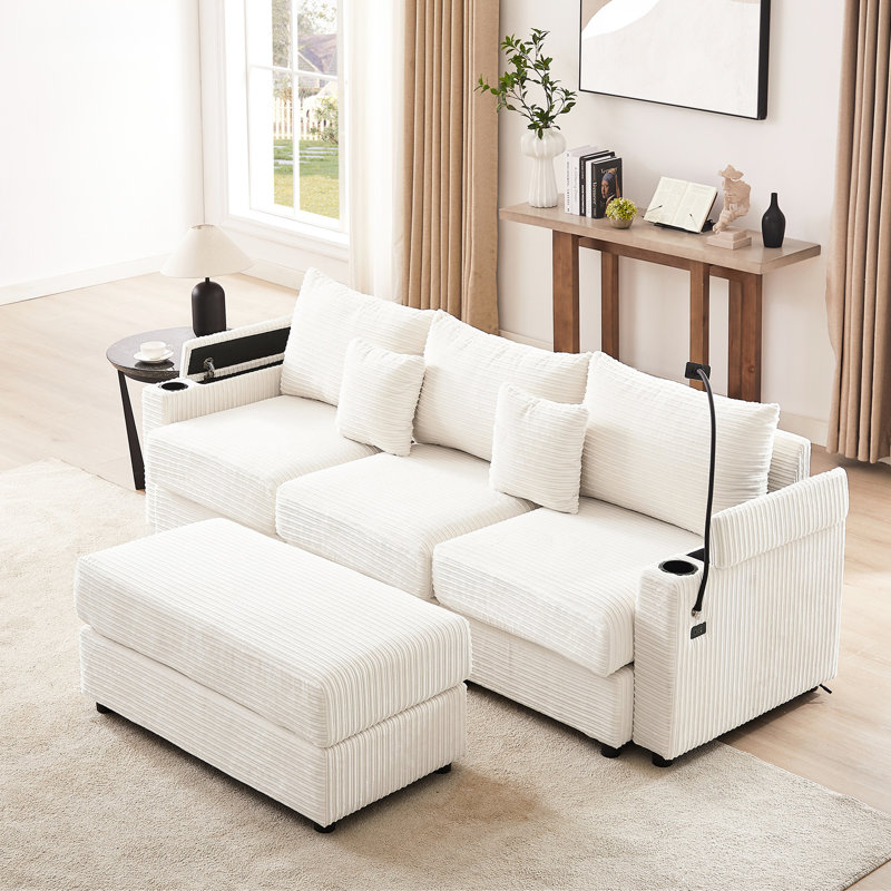 3 modulaires avec rangement, mobile, 2 portes, porte-gobelets, porte-téléphone, espace de rangement moderne beige pour la décoration intérieure, ports, tissu