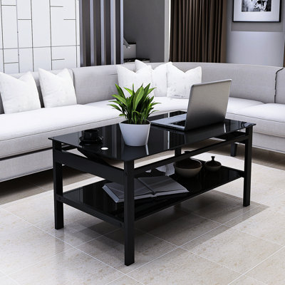 Table basse en verre noir avec plateau relevable et rangement pratique en verre trempé