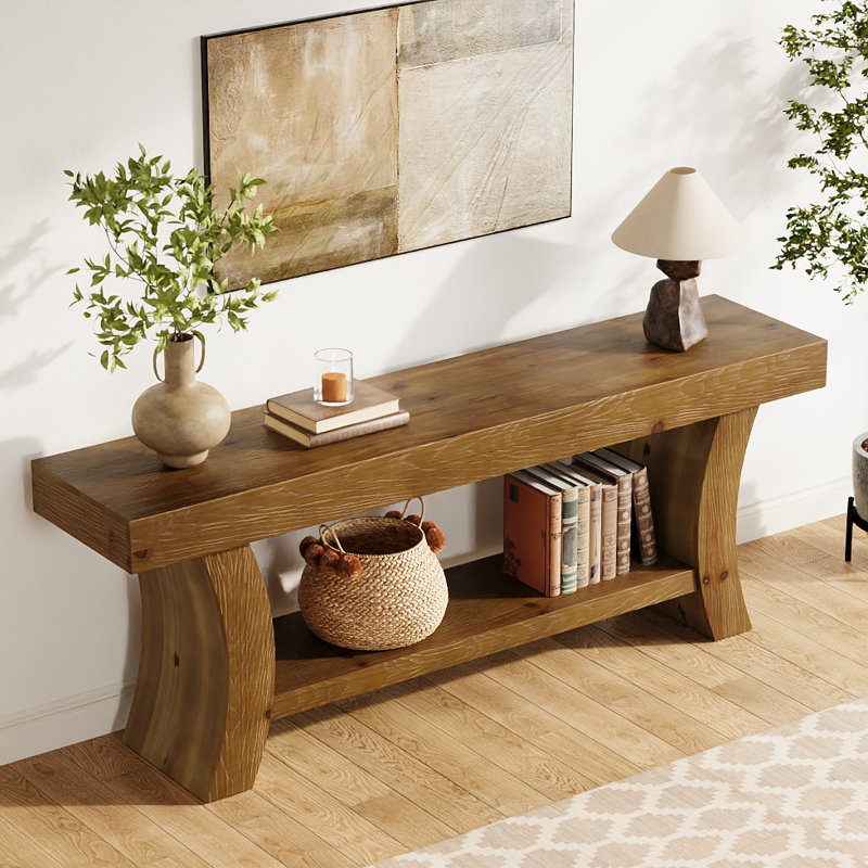 63" Solid Wood Console Table, Farmhouse Entryway Table, Sofa Table With 2-tier Shelves, Dark Brown