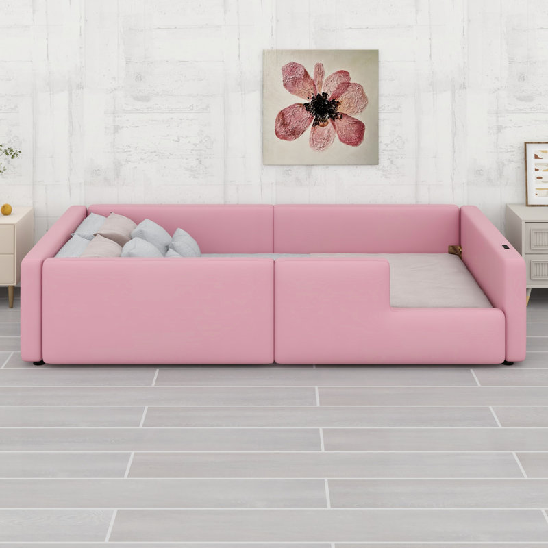 Lit plateforme contemporain avec garde-corps et station de charge intégrée, Pink