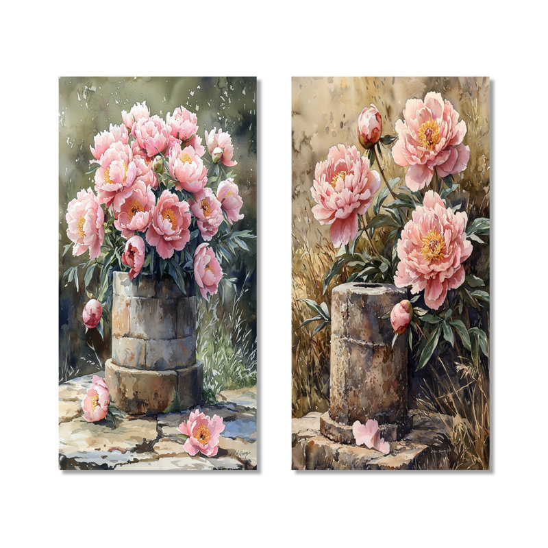 Pivoines par le puits de ferme I - ensemble d'art mural en métal pivoine rose, 32" H x 32" W