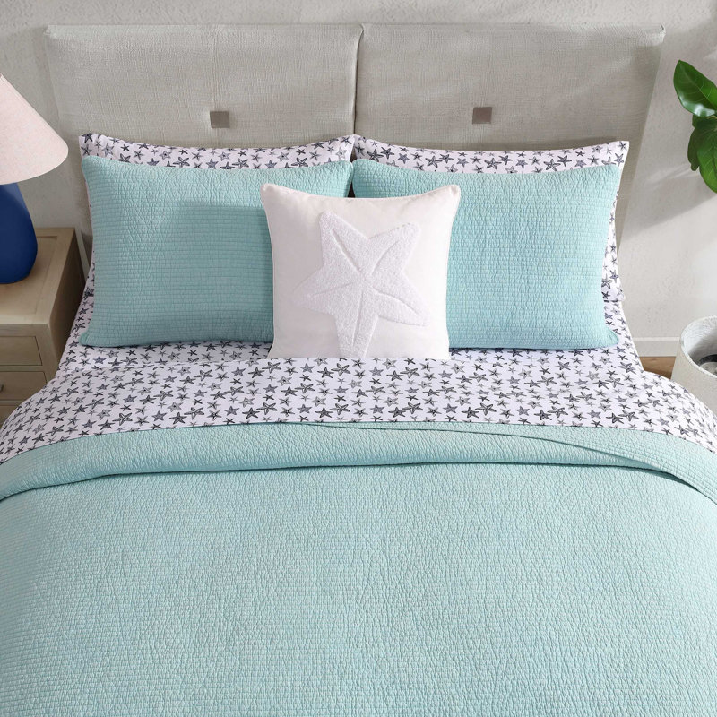 Ensemble de courtepointe réversible en coton Nautica, Bleu, Courtepointe pour lit simple + 1 taie décorative 
