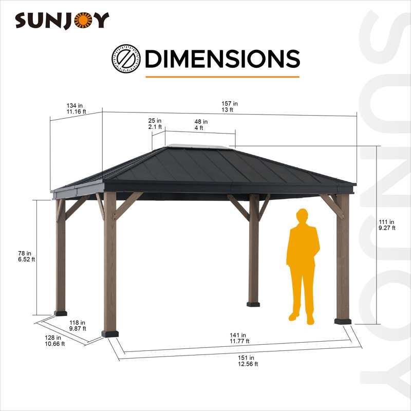 Sunjoy 11 x 13 ft. Hardtop Gazebo Outdoor Black Steel Frame Gazebo with Skylight for Patio, Garden and Backyard Activities