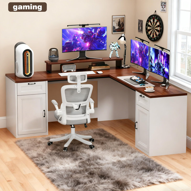 78" L Shaped Executive Desk With Monitor Stand Computer Desk With Storage And Power Outlets, Brown Wood