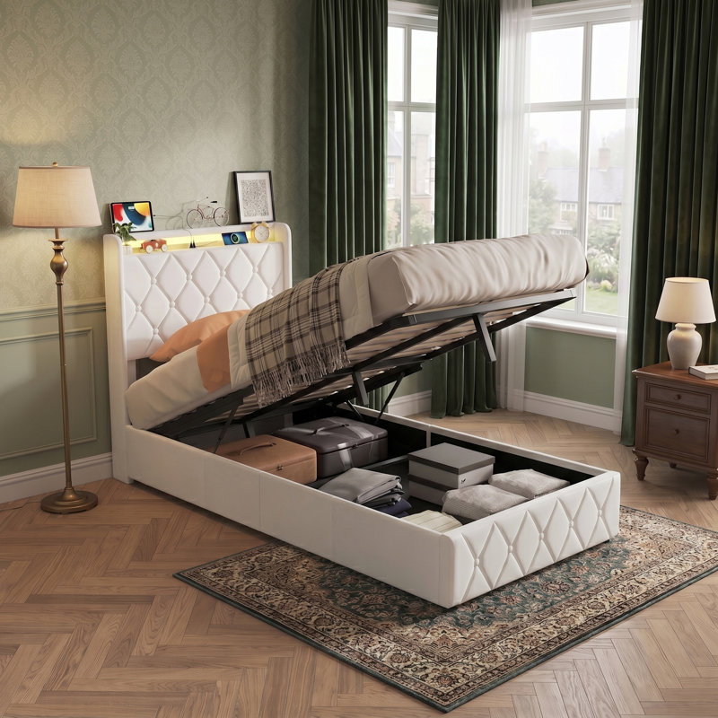 Lift Up Storage Bed Frame, European Single (90 x 200 cm), Beige