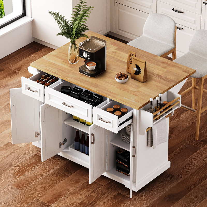 Grand îlot de cuisine avec texture, abattant, 4 portes, 3 tiroirs, chariot de rangement roulant, chariot blanc de 54 pouces pour et salle à manger,