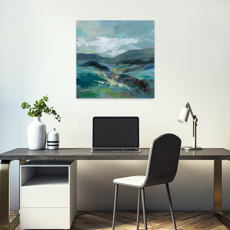 Contemporary Contemporary Turquoise Slopes I with Abstract Black Art, H 18 po x l 18 po