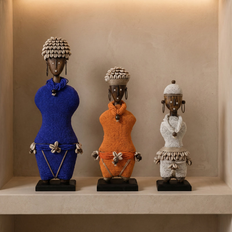 African Beaded Namji Doll, Tall 24 in, Silver, Cowrie