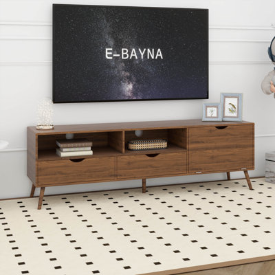 Meuble télé Mid-Century moderne avec tiroirs et porte rabattable, console média en bois pour téléviseur de 80 po ou moins, meuble audio-vidéo rétro