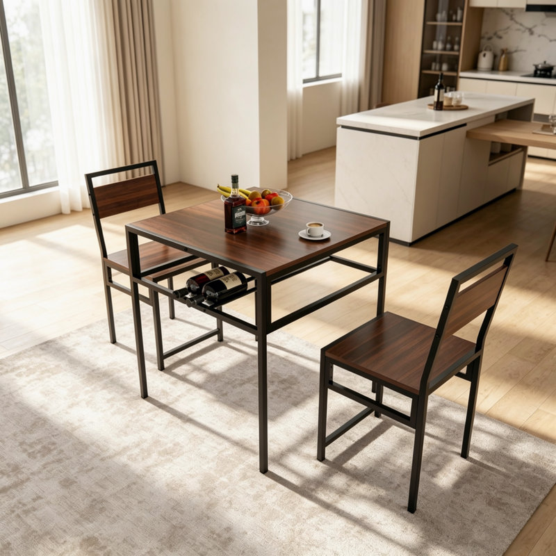 Ensemble de table et de chaises de style industriel, petite table carrée avec étagère de rangement, mobilier de salle à manger gain de place pour petit appartement