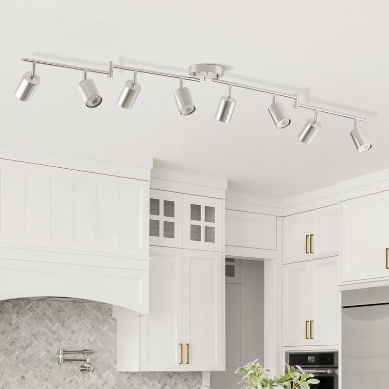 Luminaire sur rail 8 lumières avec têtes réglables et 8 ampoules incluses, Argent argent, Nickel satiné
