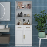 Tall Storage Cabinet, Bathroom Floor Storage Cabinet With 2 Drawers, Adjustable Shelves, Three-Layer Open Shelf