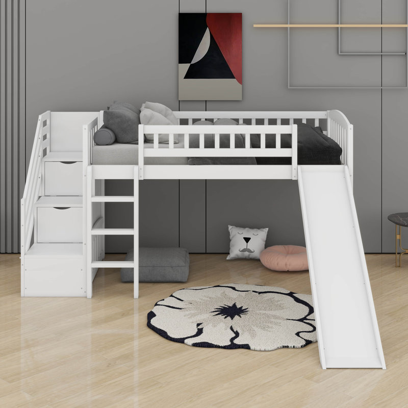 Twin Size Loft Bed With Slide, White