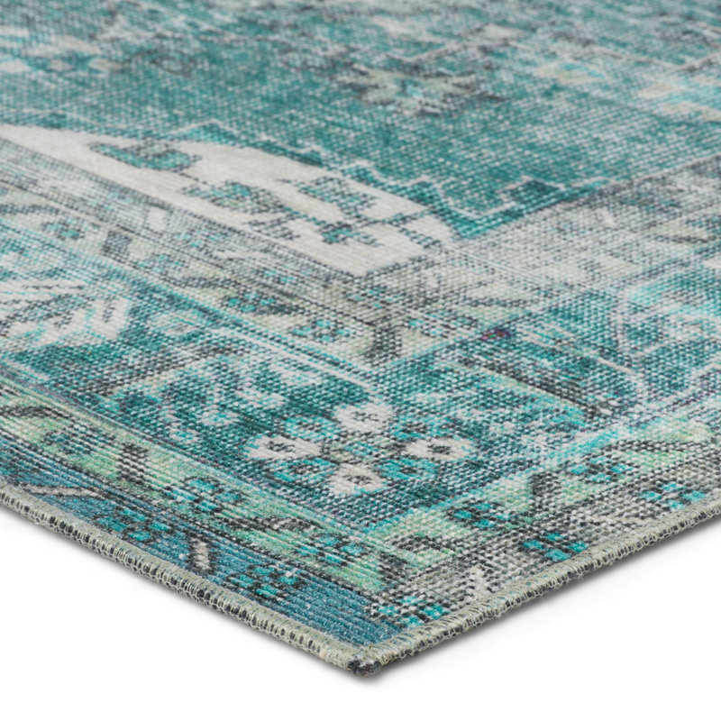 Tapis oriental en polyester tissé à la machine bleu sarcelle / vert Lavan, Rectangle 4 pi x 8 pi