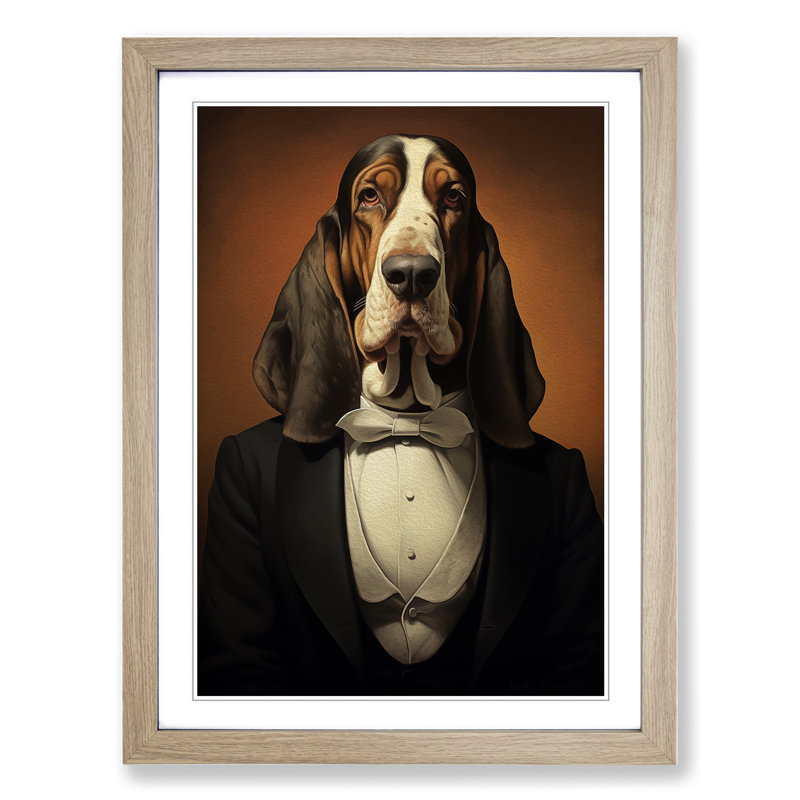 Basset Hound Classicism - Single Picture Frame Print on Wood, Oak Framed, 34cm H x 25cm W x 2cm D