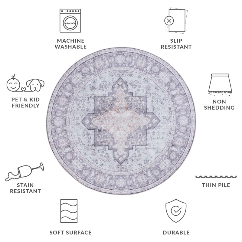 Maelina Performance Machine Washable Oriental Rug, Round 6'