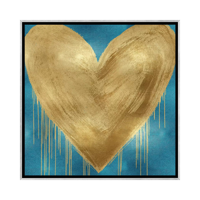 Impression d’art graphique, "large cœur Gold on Aqua" par Lindsay Rodgers, Toile avec cadre argenté, Pas de tapis