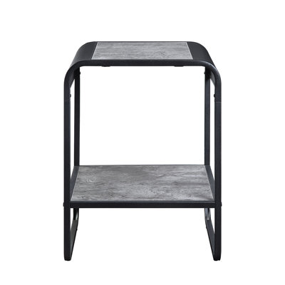 End Table With Metal Frame And Concrete Grey Look, Black Elements, Curved Edges Design, 1 Open Compartment For Storage Of Miniature Decor, 16.17 In Depth, 18.4 Width, 20.79 Height Rectangular Black,