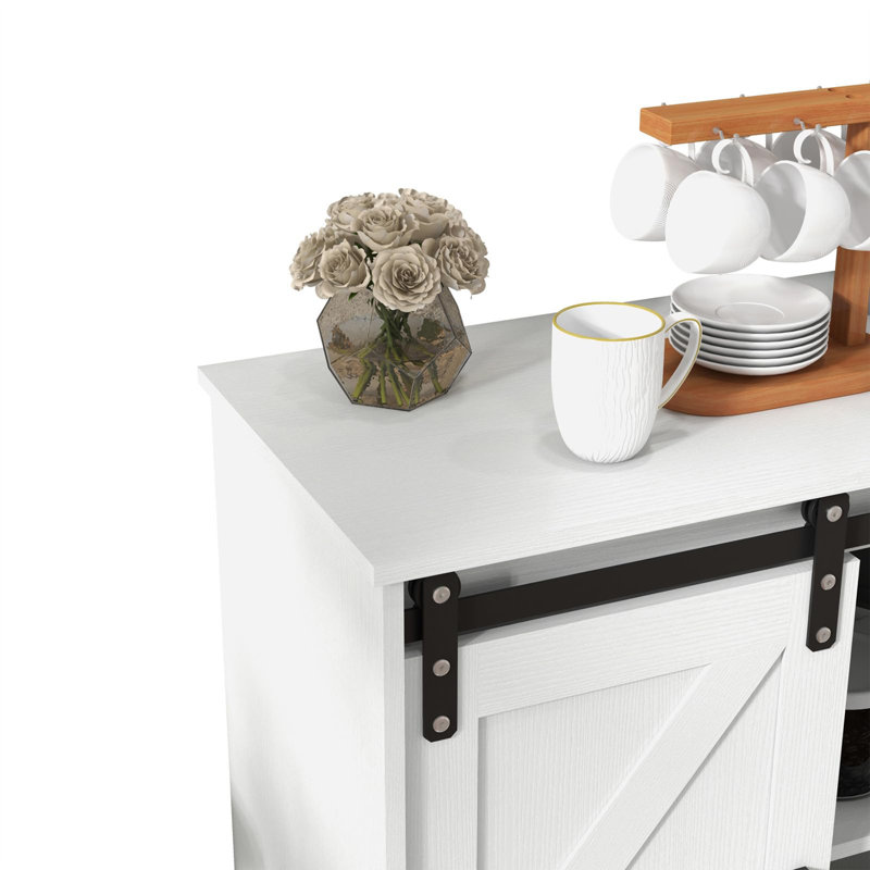 Buffet de porte de grange coulissante de 32 po de largeur avec tablettes réglables, armoire à café Farmhouse - chêne, Blanc