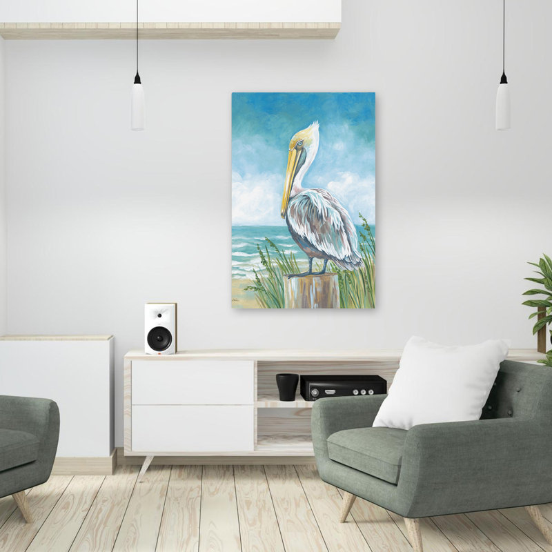Pélican perché - Pélican au bord de la mer, H 36 po x l 24 po