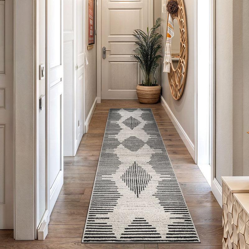 Modern Abstract Area Rug Minimal Contemporary Design, Crème/noir, Tapis de couloir 2 pi 2 po x 12 pi