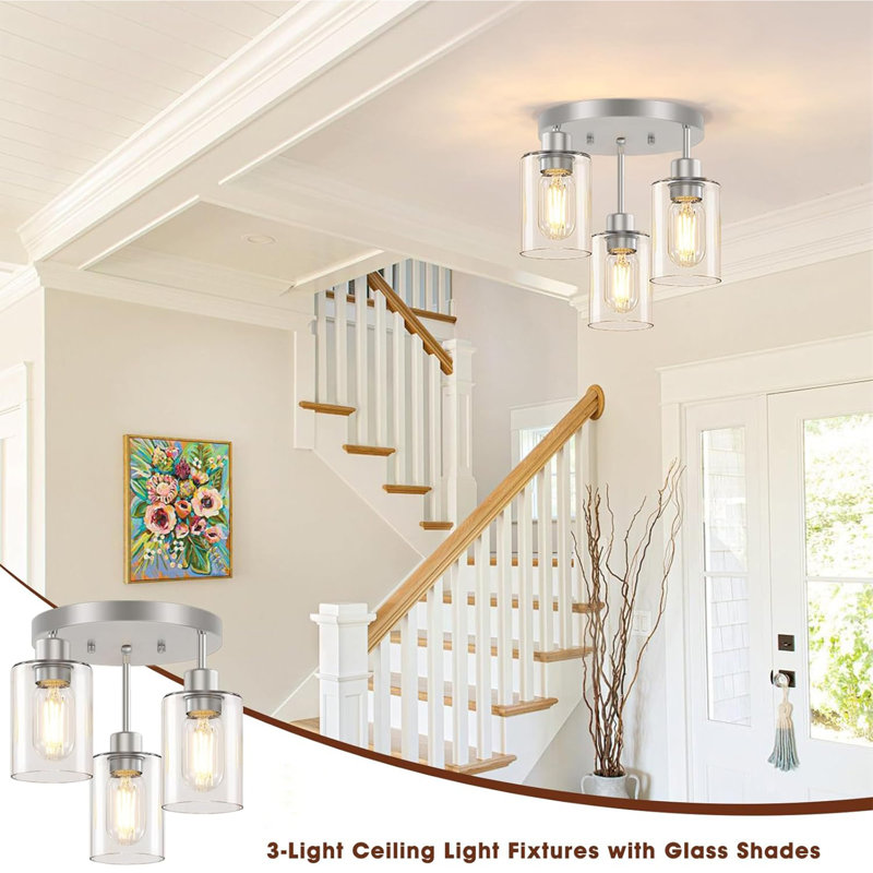 3-lights Semi Flush Mount Ceiling Light Fixtures with Transparent Glass Shade, Brushed Nickel