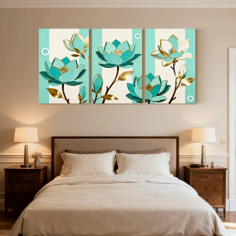 Plantes et fleurs, fleurs bleu sarcelle avec accents dorés sur fond rayé, ensemble de 3 impressions d'art sur toile