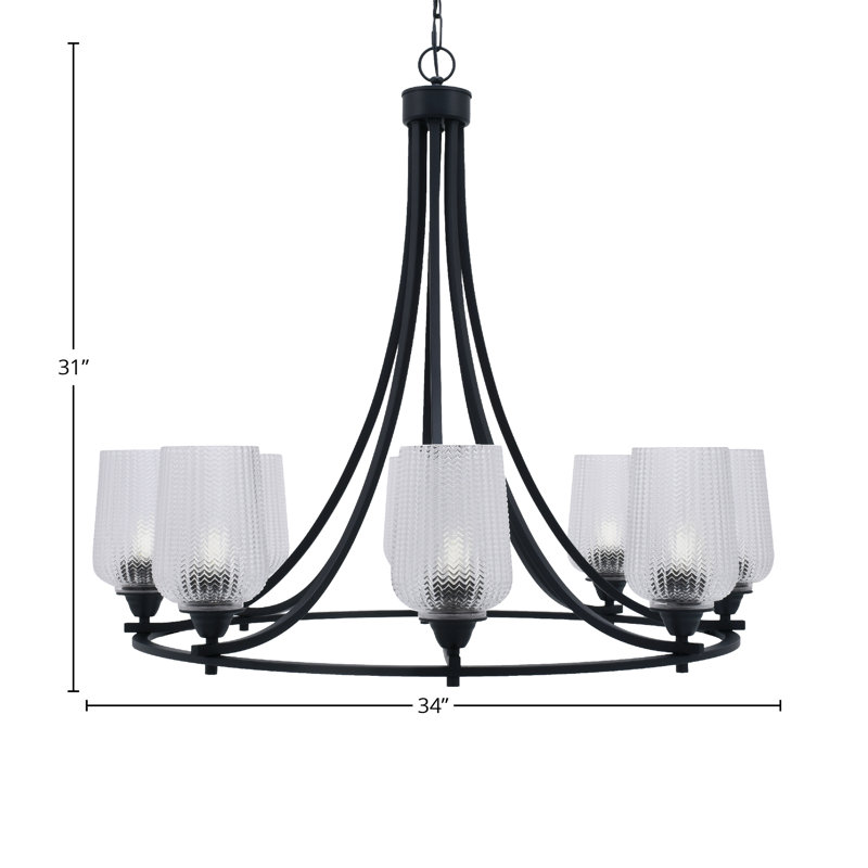 Lustre 8 lumières avec verre texturé transparent Paramount, Grainé transparent, Noir mat