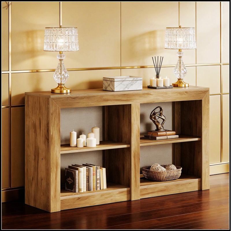 Console rustique et moderne à 3 niveaux avec tablettes divisées pour un rangement et une décoration améliorés