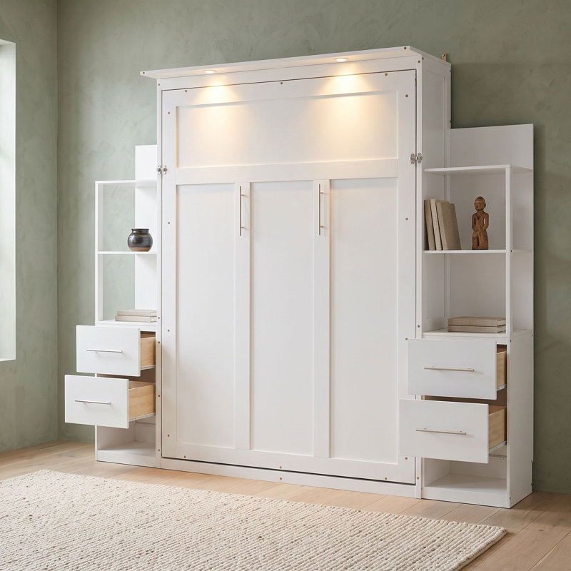Lit escamotable en bois multi-fonctions, Double, Blanc
