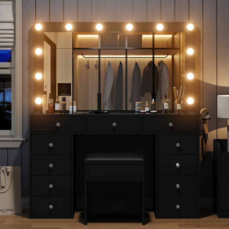 Ensemble de coiffeuse et de prise de courant Pisklo, coiffeuse de maquillage avec miroir et 12 lumières DEL, table de maquillage avec 11 tiroirs, coiffeuse avec fauteuil, ensemble de coiffeuse 3 modes d'éclairage avec luminosité réglable