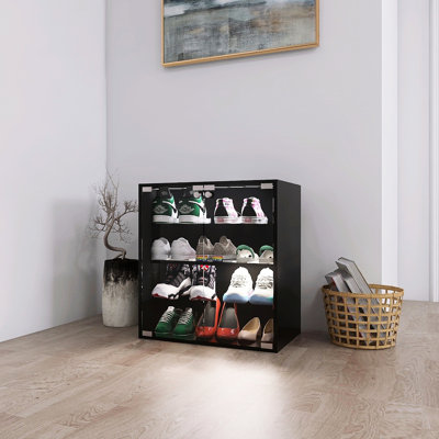 4-Layer Shoe Cabinet With Glass Door And Led , Control, Modern Style For Living Space, + Glass, Black 4 Layers In & Controlled, Look Area