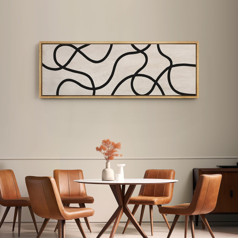 Lignes noires abstraites sur art moderne beige, H 20 po x l 60 po, Naturel