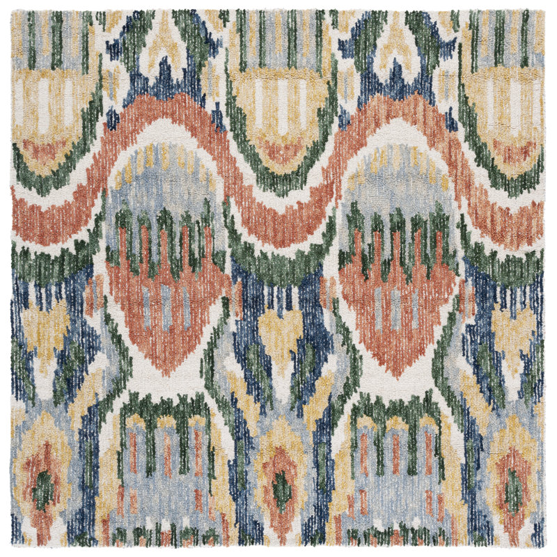 Tapis en laine / coton touffeté à la main Ikat 151, Carré 6 pi
