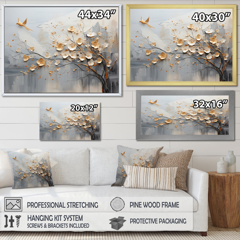 Art mural beige au Japon et arbre doré - formes abstraites, Toile tendue, H 30 po x l 40 po x P 1,5 po