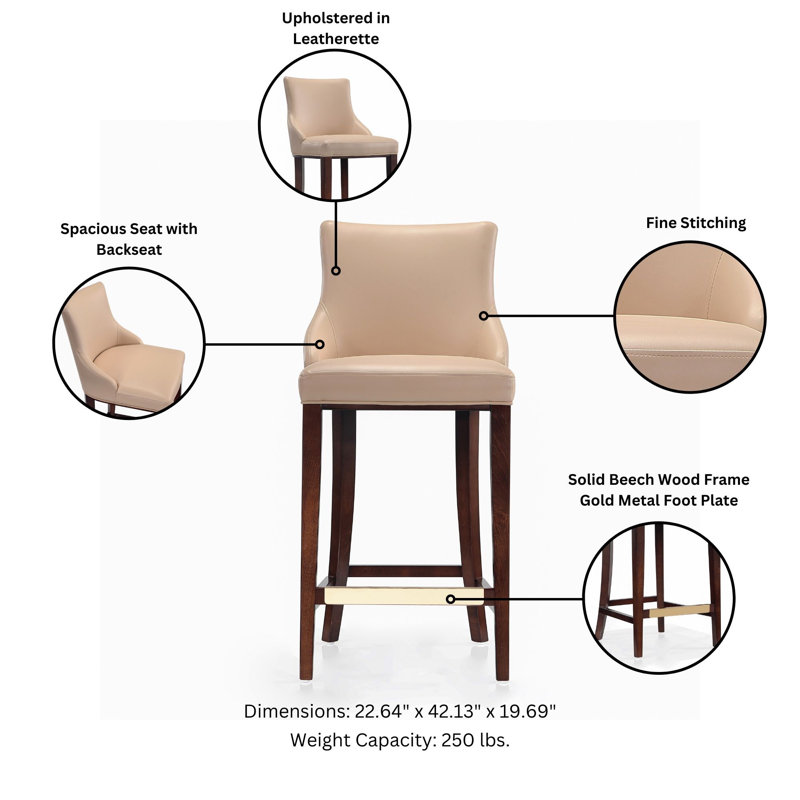 Shubert Upholstered Counter Stool with Solid Wood Frame, Bar Stool (29.13" Seat Height), Tan, 3