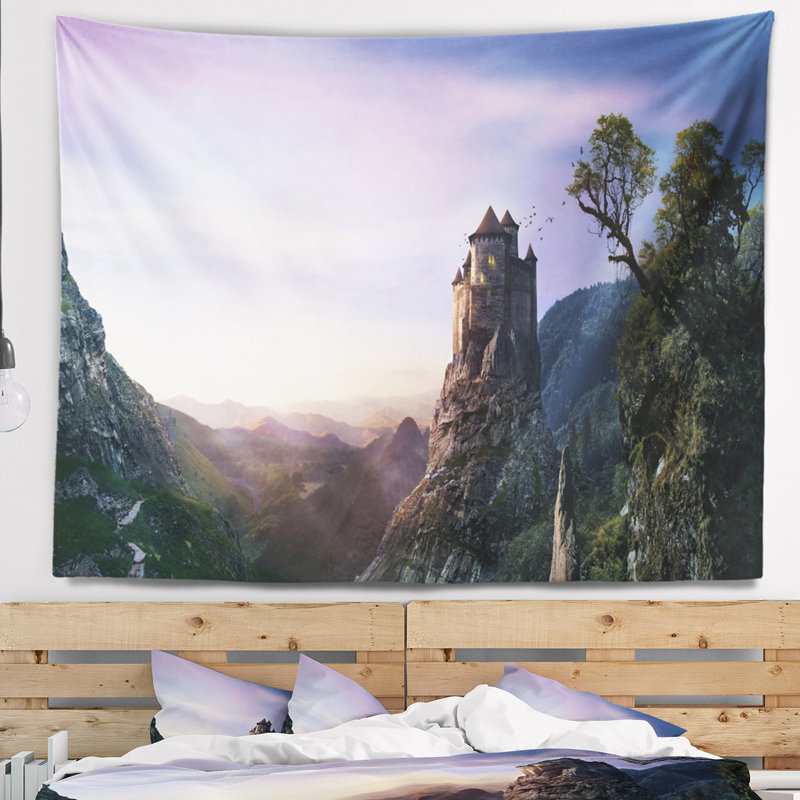Photographie misty castle paysage tapisserie, H 32 po x l 39 po