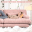 Chenille rose pour le salon: 2 places avec coussins d'apparence nuageuse, repose-pieds et coussins assortis
