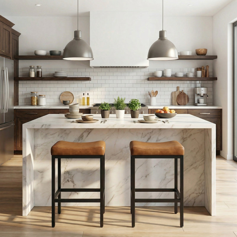 Bar Stools Set Of 2, 29.25" Backless Counter Height Bar Stools With Soft Leather Seat And With Footrest, 400 LB Heavy Duty Padded Saddle Barstool Chair For Modern Kitchen Island Counter
