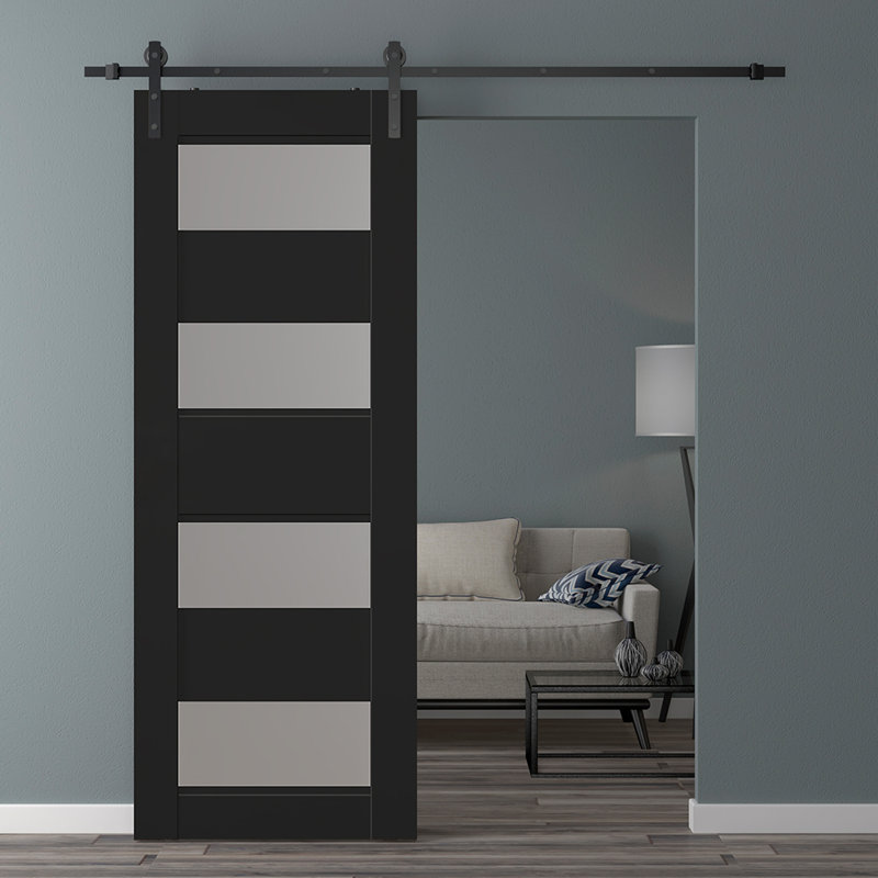 Della Solid Manufactured Wood and Glass Panelled Barn Door with Installation Hardware Kit, 31.75" x 79.38", Black Matte