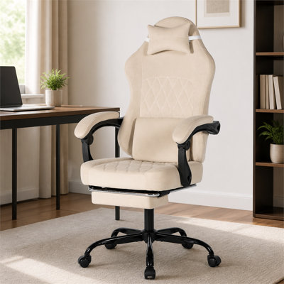 Fauteuil de jeu ergonomique beige, inclinable de 90 à 135°, avec massage lombaire, réglage de la hauteur et rotation, fauteuil d'ordinateur pour adulte avec une capacité de poids de 300 lb.