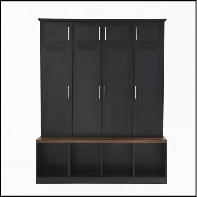 Hall Tree with 4 Hanging Hooks,Entryway Cabinet with Open Compartments, Black