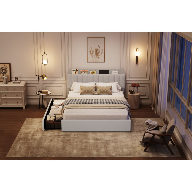 Cadre de lit avec 2 tiroirs de rangement, cadre de lit pour enfant avec tête de lit de rangement, cadre de lit rembourré