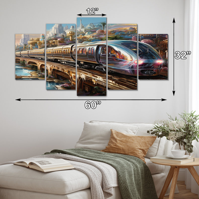 Abstrait train coloré du futur - Art mural sur toile transport - 5 panneaux