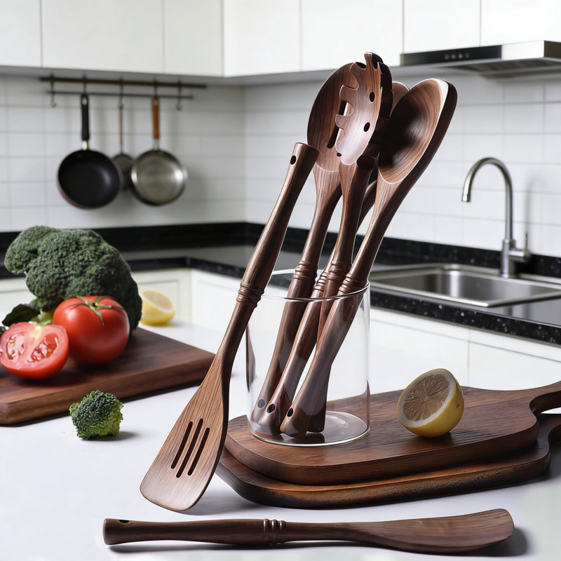 Ensemble d'ustensiles en bois de noyer noir fait à la main - Collection de 6 cuillères de cuisine pour la cuisson avec poignée longue, non toxique et résistante aux rayures pour les ustensiles de cuisine antiadhésifs