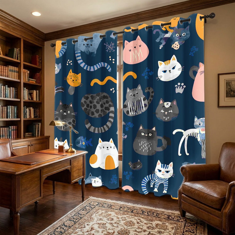 2Pcs rideaux à motif de chat, rideaux de fenêtre de style dessin animé, panneaux à œillets à imprimé animal fantaisiste, habillage de fenêtre décoratif pour le décor de la chambre à coucher