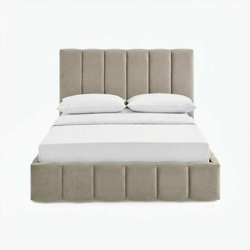 Rudasill Upholstered Ottoman Storage Bed Frame - Vertically Stitched Contemporary Headboard, Taupe Velvet, King